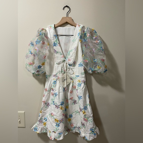 J. ING Sailor Peter Pan Color Floral Embroidered Puff Sleeve Ruffle Dress Small - Picture 1 of 12
